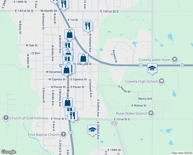 map of restaurants, bars, coffee shops, grocery stores, and more near 304 East Chestnut Street in Coweta