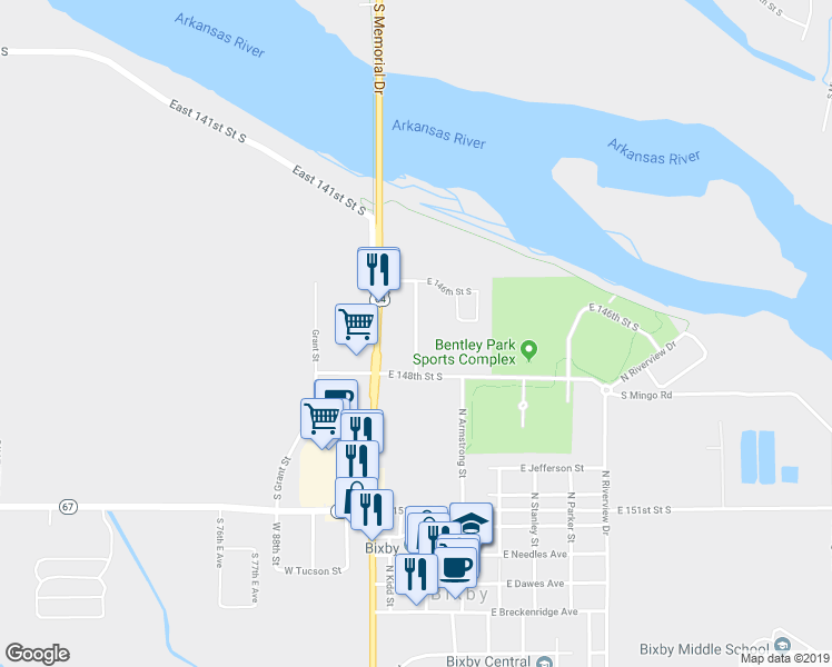map of restaurants, bars, coffee shops, grocery stores, and more near 14681 South 82nd East Avenue in Bixby