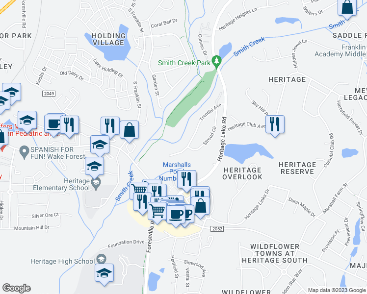 map of restaurants, bars, coffee shops, grocery stores, and more near 1093 Trentini Avenue in Wake Forest