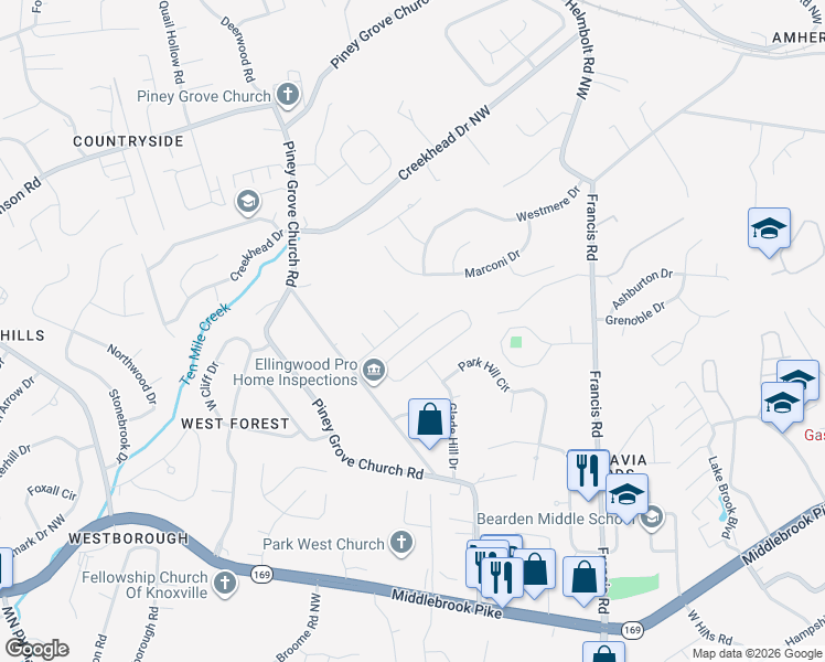 map of restaurants, bars, coffee shops, grocery stores, and more near 1728 Pinebrook Drive Northwest in Knoxville
