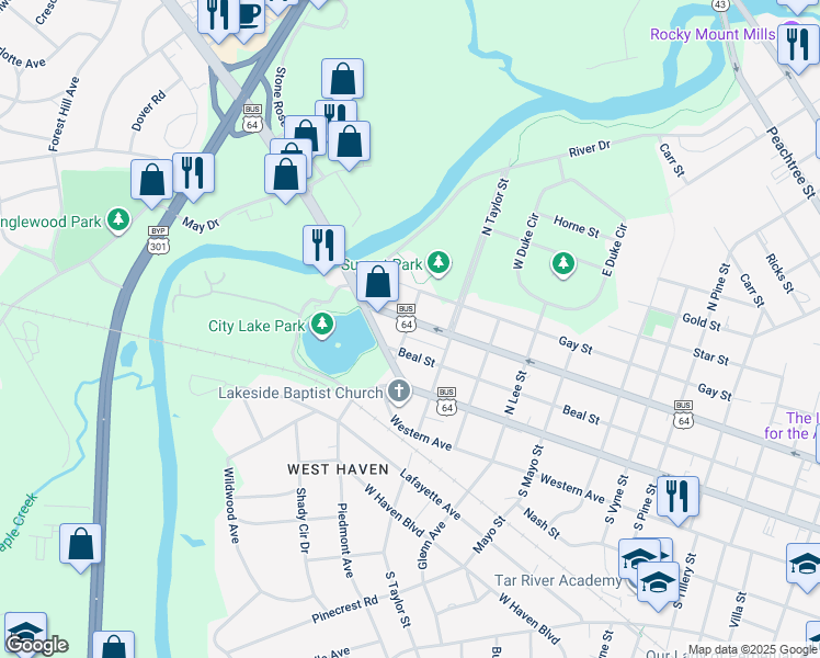 map of restaurants, bars, coffee shops, grocery stores, and more near 1533 West Thomas Street in Rocky Mount