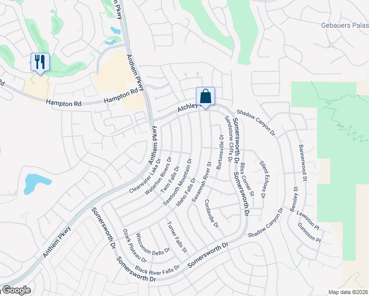 map of restaurants, bars, coffee shops, grocery stores, and more near 2114 Twin Falls Drive in Henderson