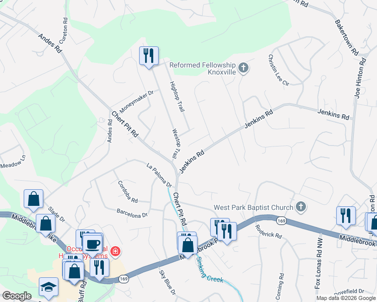 map of restaurants, bars, coffee shops, grocery stores, and more near 8120 Crimson Lane in Knoxville
