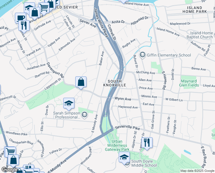map of restaurants, bars, coffee shops, grocery stores, and more near 1240 East Moody Avenue in Knoxville