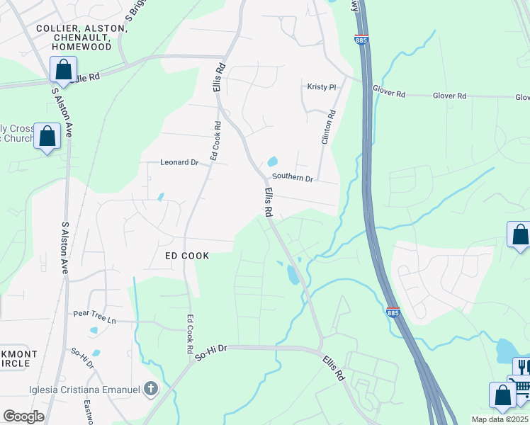 map of restaurants, bars, coffee shops, grocery stores, and more near 1424 Ellis Road in Durham