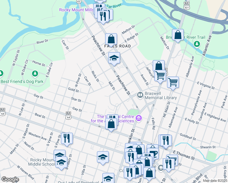 map of restaurants, bars, coffee shops, grocery stores, and more near 600 Mill Street in Rocky Mount