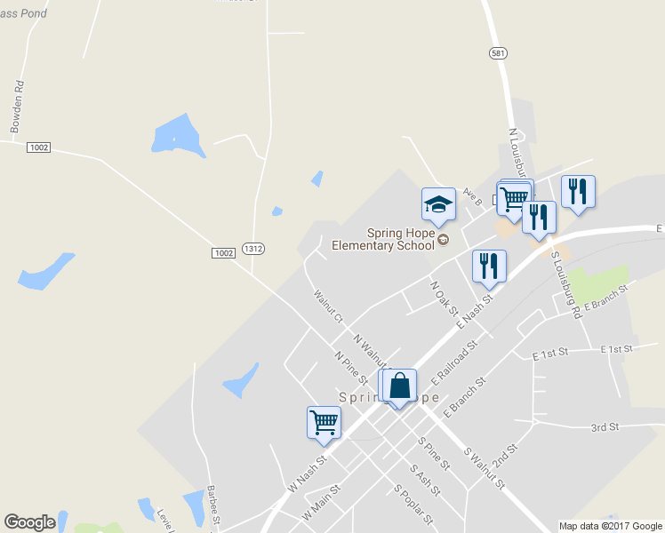 map of restaurants, bars, coffee shops, grocery stores, and more near 113 Cherrington Court in Spring Hope