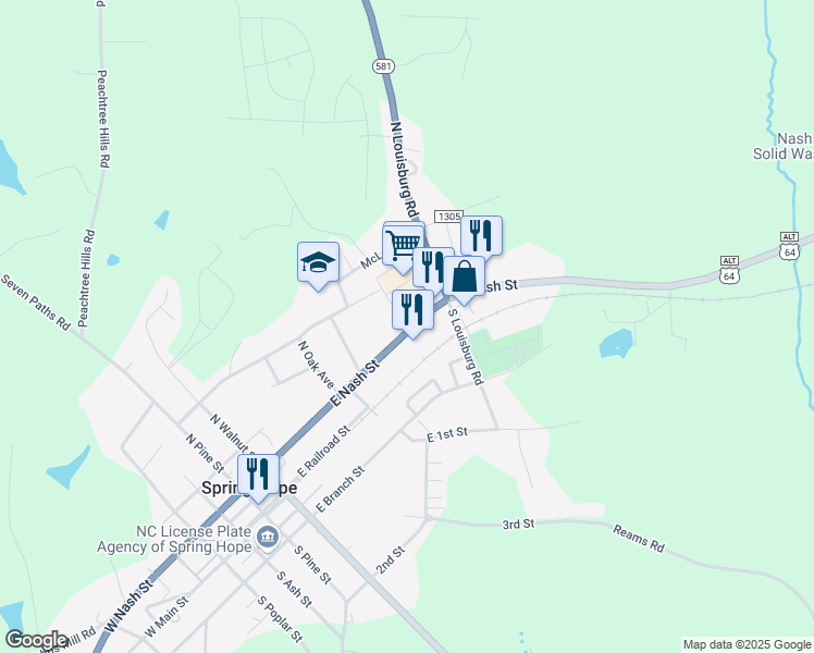 map of restaurants, bars, coffee shops, grocery stores, and more near 603 East Nash Street in Spring Hope