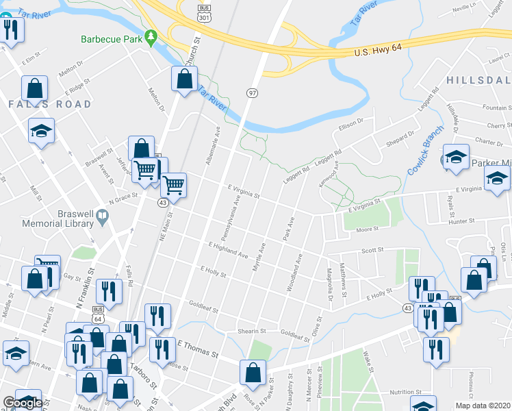 map of restaurants, bars, coffee shops, grocery stores, and more near 635 Carolina Avenue in Rocky Mount