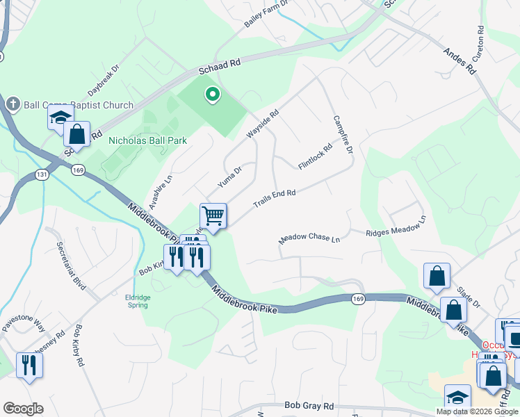 map of restaurants, bars, coffee shops, grocery stores, and more near 9516 Trails End Road in Knoxville