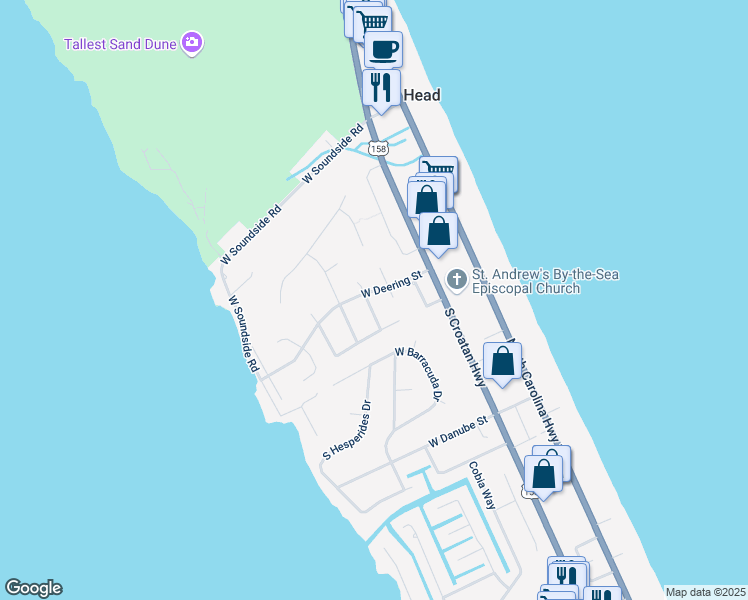 map of restaurants, bars, coffee shops, grocery stores, and more near Deering Street in Nags Head