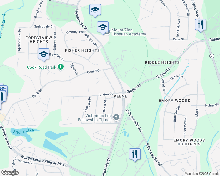 map of restaurants, bars, coffee shops, grocery stores, and more near 3904 Booker Avenue in Durham