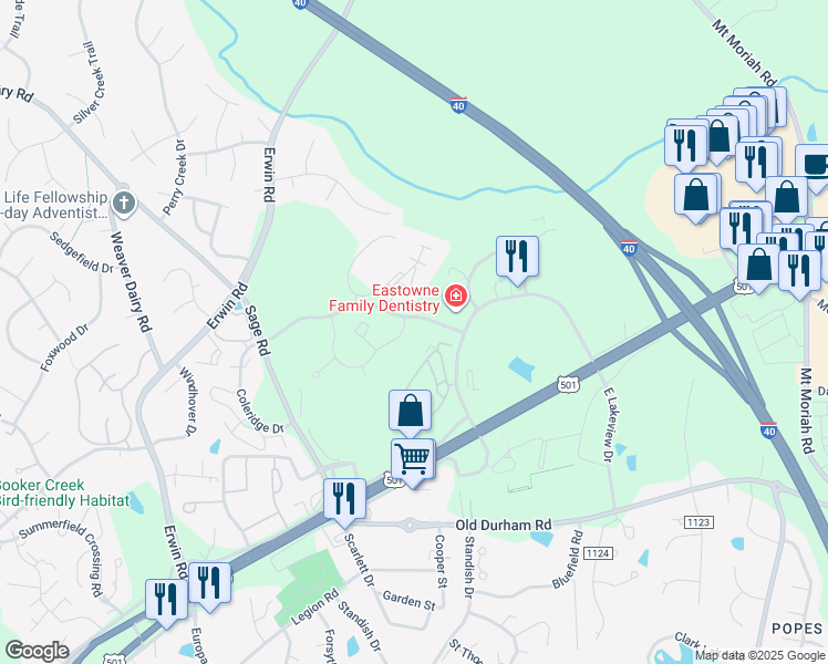 map of restaurants, bars, coffee shops, grocery stores, and more near 923 Providence Glen Drive in Chapel Hill