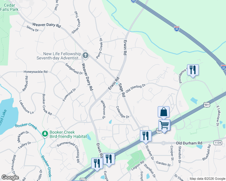 map of restaurants, bars, coffee shops, grocery stores, and more near 508 Presque Isle Lane in Chapel Hill