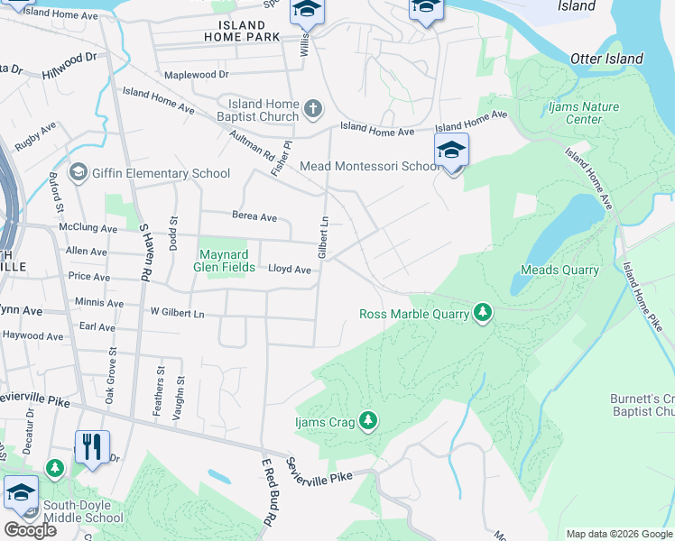 map of restaurants, bars, coffee shops, grocery stores, and more near 2400 Aberdeen Lane in Knoxville