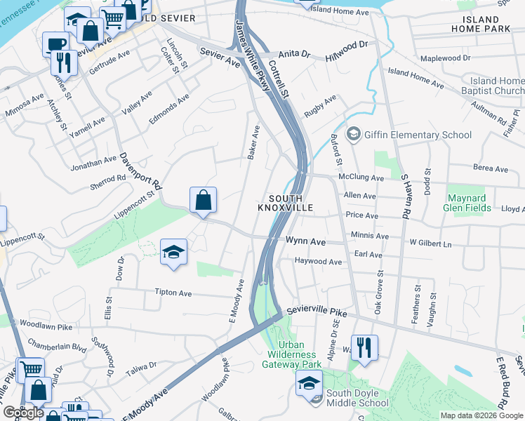 map of restaurants, bars, coffee shops, grocery stores, and more near 1240 East Moody Avenue in Knoxville