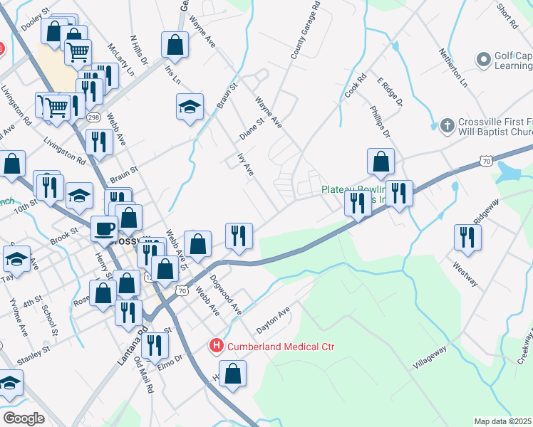 map of restaurants, bars, coffee shops, grocery stores, and more near 465 East 1st Street in Crossville
