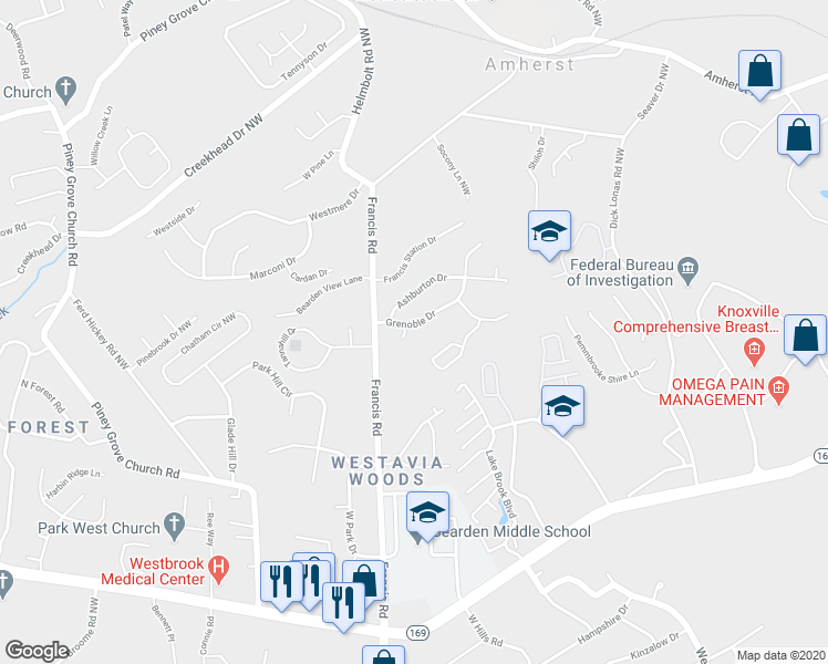 map of restaurants, bars, coffee shops, grocery stores, and more near 1214 Walcot Lane in Knoxville