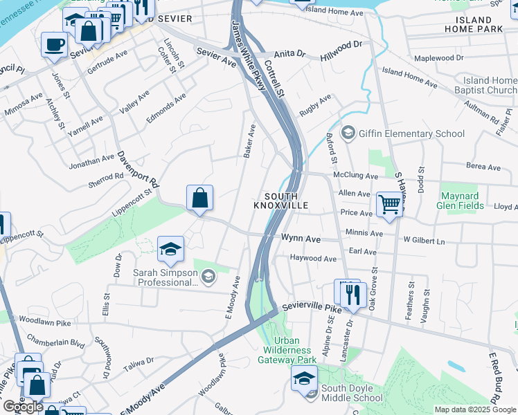 map of restaurants, bars, coffee shops, grocery stores, and more near 1240 East Moody Avenue in Knoxville