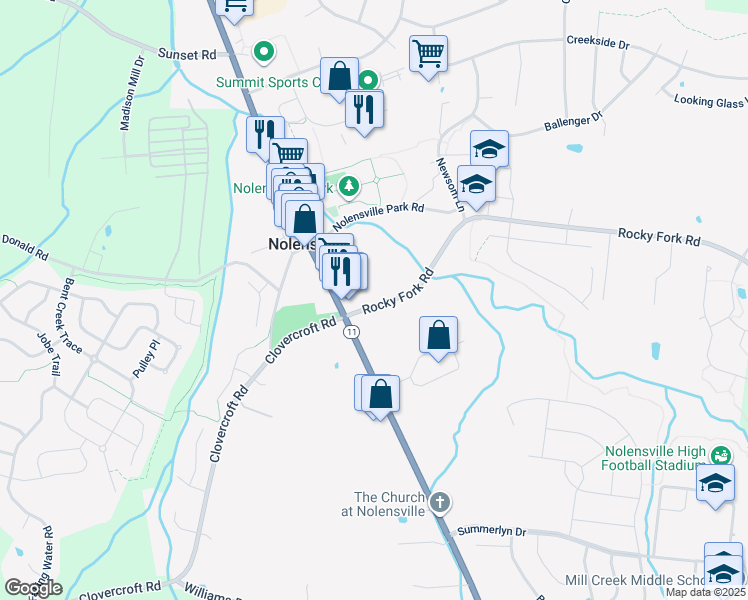 map of restaurants, bars, coffee shops, grocery stores, and more near 2110 Rocky Fork Road in Nolensville