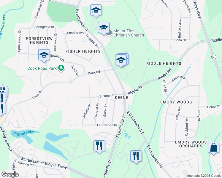 map of restaurants, bars, coffee shops, grocery stores, and more near 3904 Booker Avenue in Durham