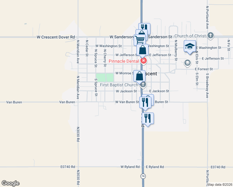 map of restaurants, bars, coffee shops, grocery stores, and more near 319 West Jackson Street in Crescent