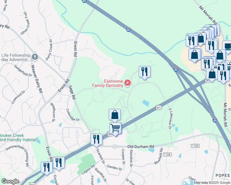 map of restaurants, bars, coffee shops, grocery stores, and more near 923 Providence Glen Drive in Chapel Hill