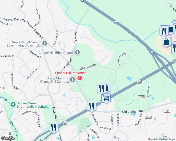 map of restaurants, bars, coffee shops, grocery stores, and more near 131 Providence Glen Drive in Chapel Hill