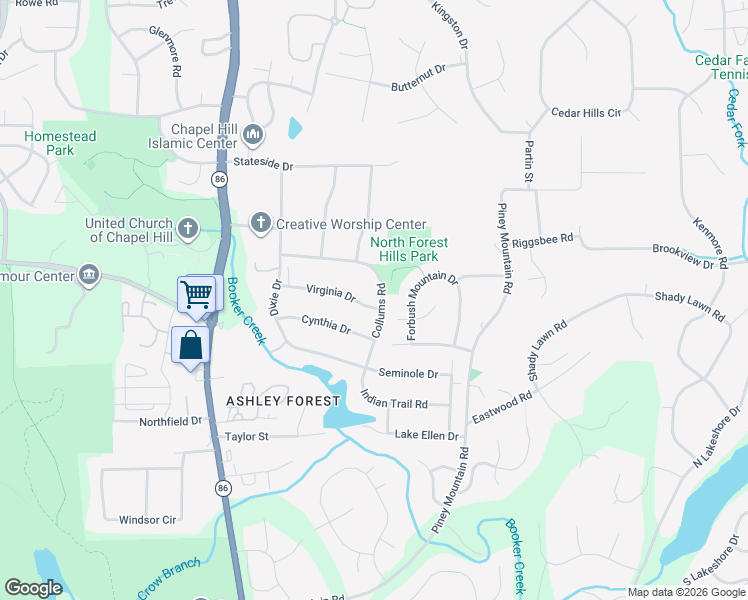 map of restaurants, bars, coffee shops, grocery stores, and more near 119 Virginia Drive in Chapel Hill