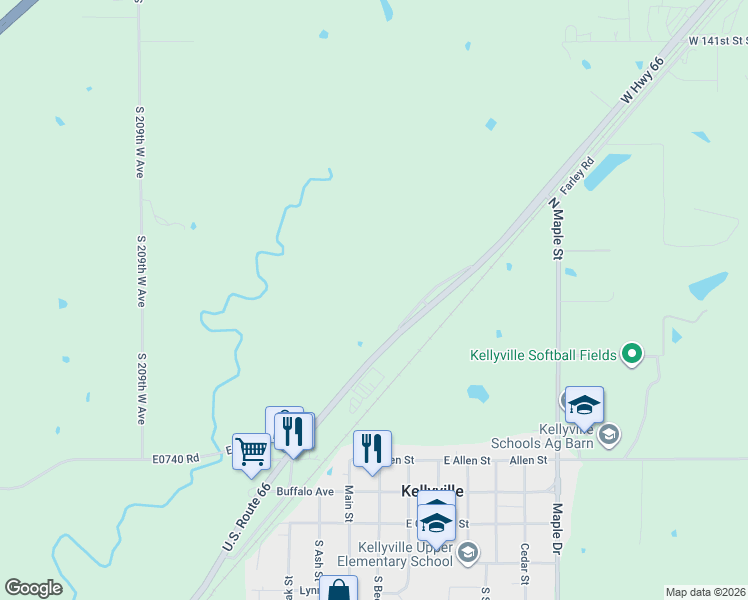 map of restaurants, bars, coffee shops, grocery stores, and more near 19917 Oklahoma 66 in Kellyville