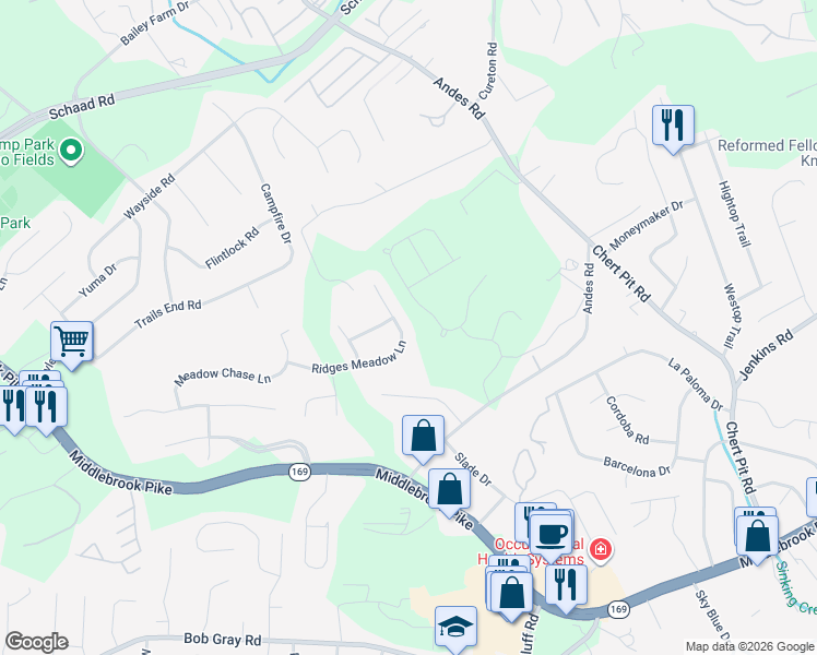 map of restaurants, bars, coffee shops, grocery stores, and more near 9312 Ridges Meadow Lane in Knoxville