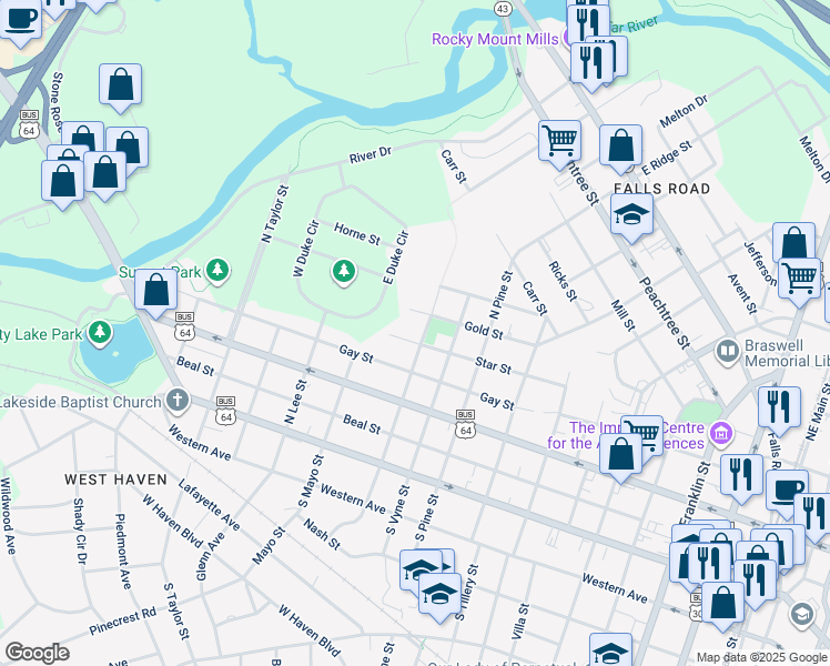 map of restaurants, bars, coffee shops, grocery stores, and more near 1104 Star Street in Rocky Mount