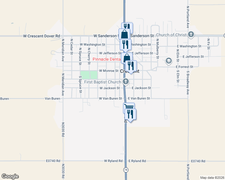 map of restaurants, bars, coffee shops, grocery stores, and more near 316 South Walnut Street in Crescent