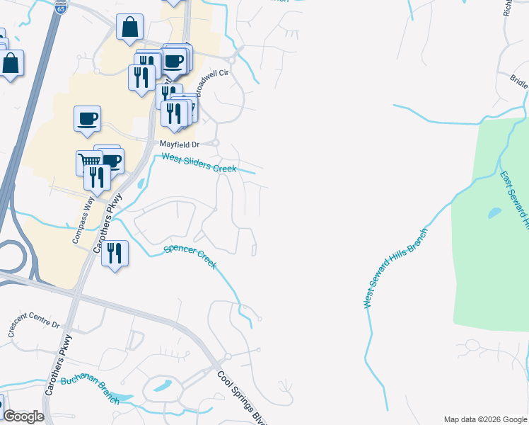 map of restaurants, bars, coffee shops, grocery stores, and more near 512 Hodge Court in Franklin