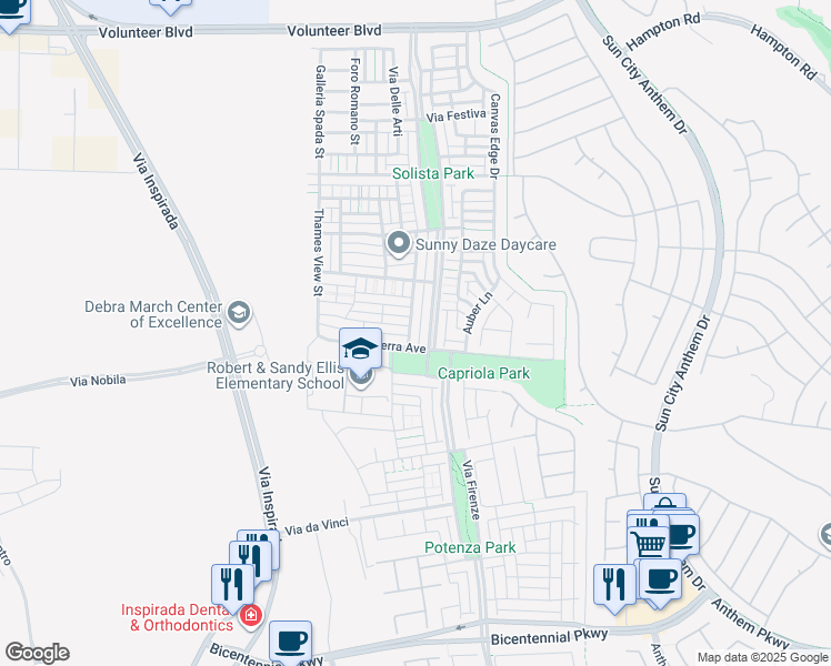 map of restaurants, bars, coffee shops, grocery stores, and more near 2120 Waterlily View Street in Henderson
