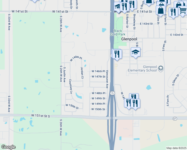 map of restaurants, bars, coffee shops, grocery stores, and more near 601 W 147th St in Glenpool