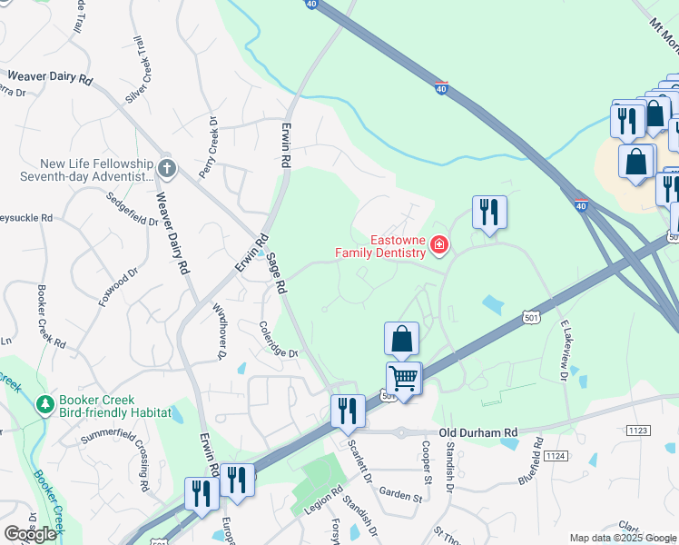 map of restaurants, bars, coffee shops, grocery stores, and more near 500 Providence Glen Drive in Chapel Hill