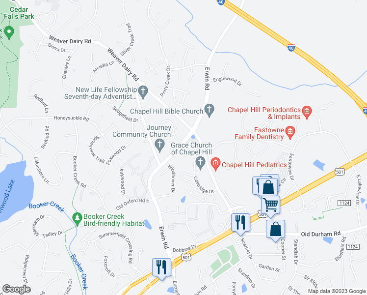 map of restaurants, bars, coffee shops, grocery stores, and more near 104 Presque Isle Lane in Chapel Hill