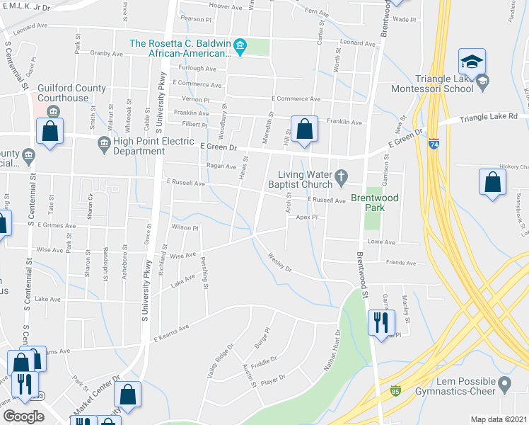 map of restaurants, bars, coffee shops, grocery stores, and more near 645 Wesley Drive in High Point
