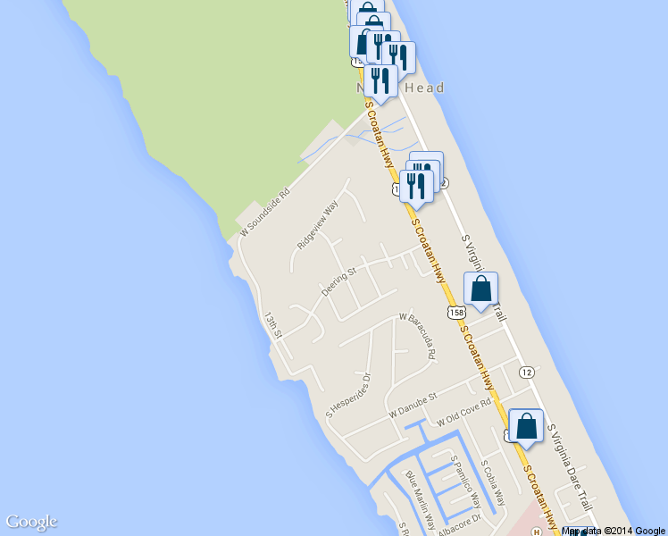 map of restaurants, bars, coffee shops, grocery stores, and more near 4124 West Vansciver Drive in Nags Head