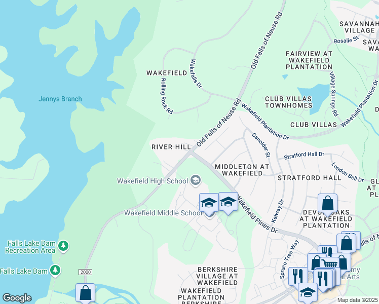 map of restaurants, bars, coffee shops, grocery stores, and more near 12405 Falls of Neuse Road in Wake Forest