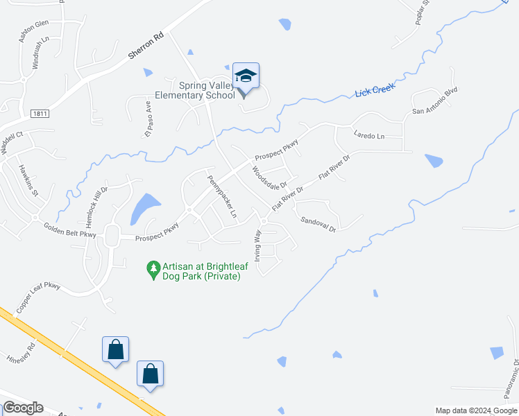 map of restaurants, bars, coffee shops, grocery stores, and more near 2909 Long Meadow Lane in Durham