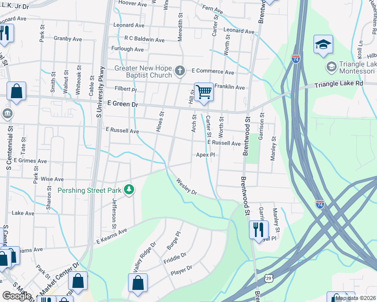map of restaurants, bars, coffee shops, grocery stores, and more near 724 Arch St in High Point