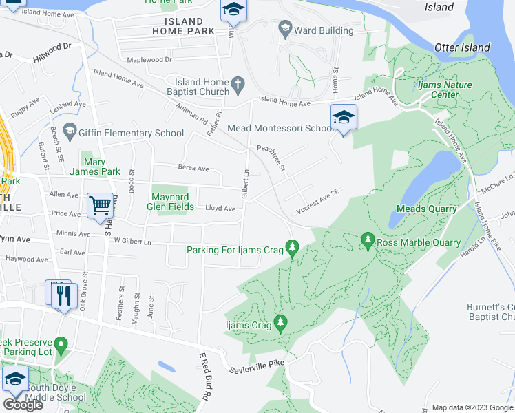 map of restaurants, bars, coffee shops, grocery stores, and more near 2400 Aberdeen Lane in Knoxville
