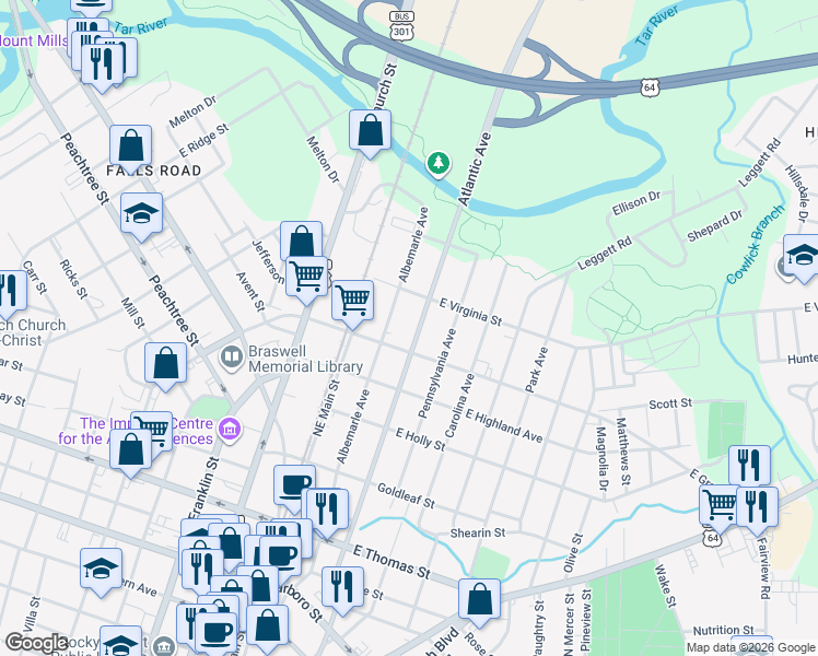 map of restaurants, bars, coffee shops, grocery stores, and more near 200 East Grand Avenue in Rocky Mount