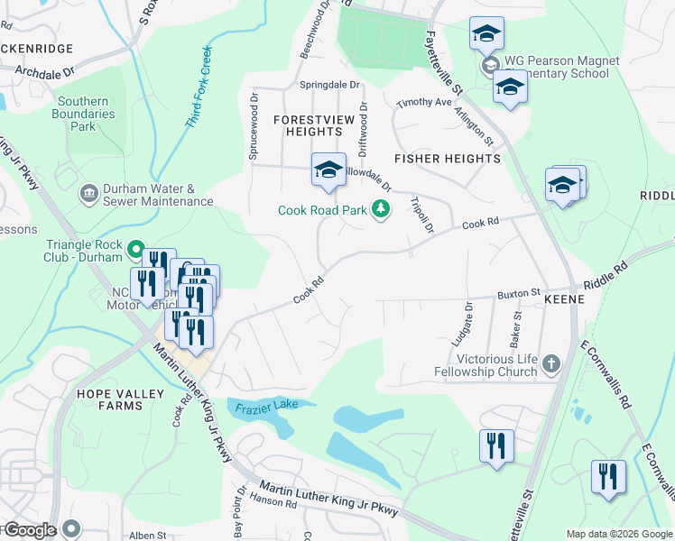 map of restaurants, bars, coffee shops, grocery stores, and more near 717 Cook Road in Durham
