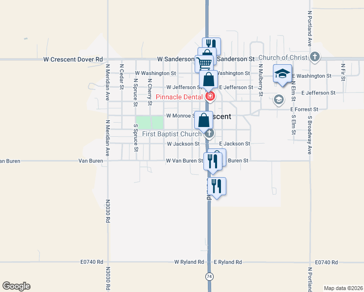 map of restaurants, bars, coffee shops, grocery stores, and more near 316 South Walnut Street in Crescent