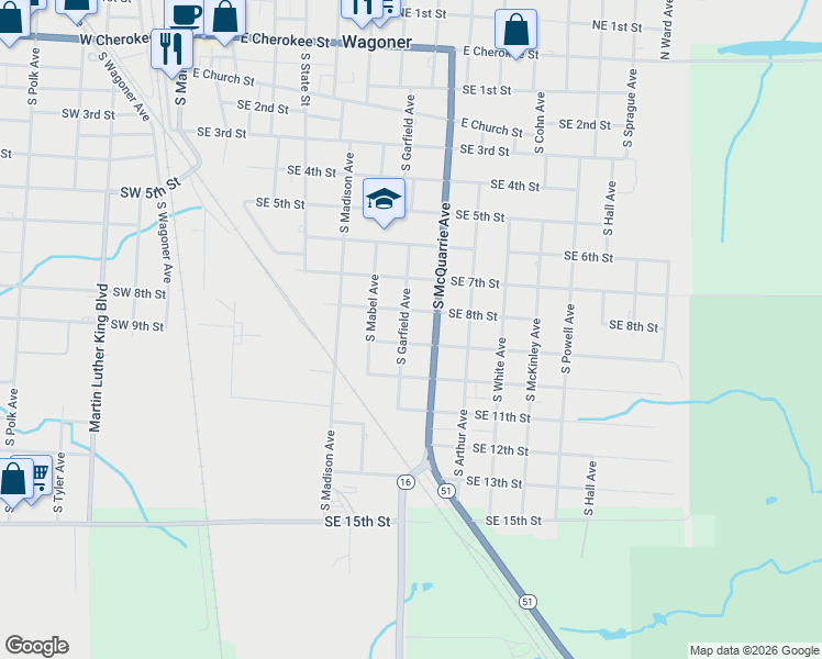 map of restaurants, bars, coffee shops, grocery stores, and more near 908 South Garfield Avenue in Wagoner