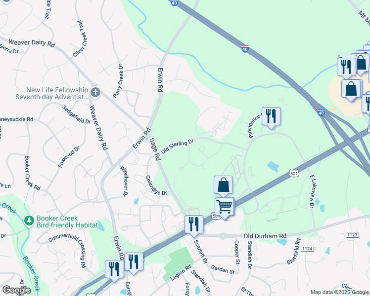 map of restaurants, bars, coffee shops, grocery stores, and more near 131 Providence Glen Drive in Chapel Hill