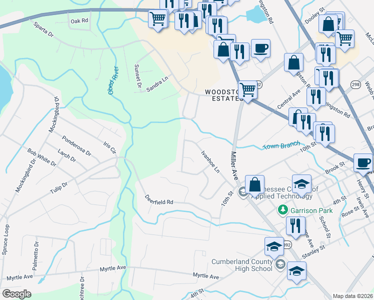 map of restaurants, bars, coffee shops, grocery stores, and more near 104 Windermere Drive in Crossville